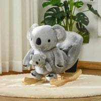 Cavallo a Dondolo Koala in Peluche Imbottita con Suoni, Cintura di sicurezza e Base in Legno, 60x33x50cm, Grigio