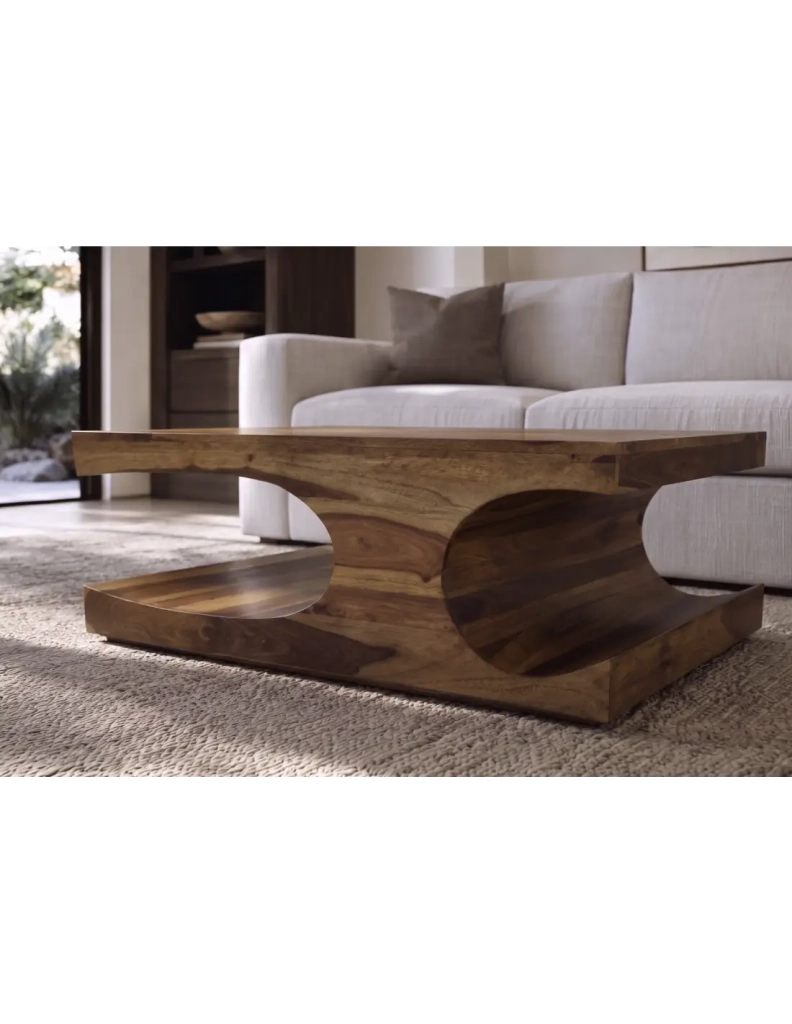 Tavolino basso NOMA 105 cm in legno massello di Sheesham verniciato con nicchie arrotondate