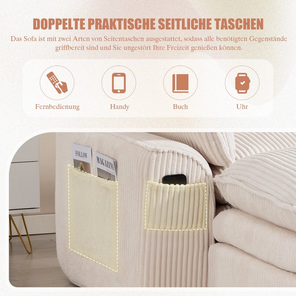 Divano 4 Posti Modulare con Poggiapiedi ¨C Xylo ¨C Velluto a Coste Beige, Cuscini e Tasche Laterali