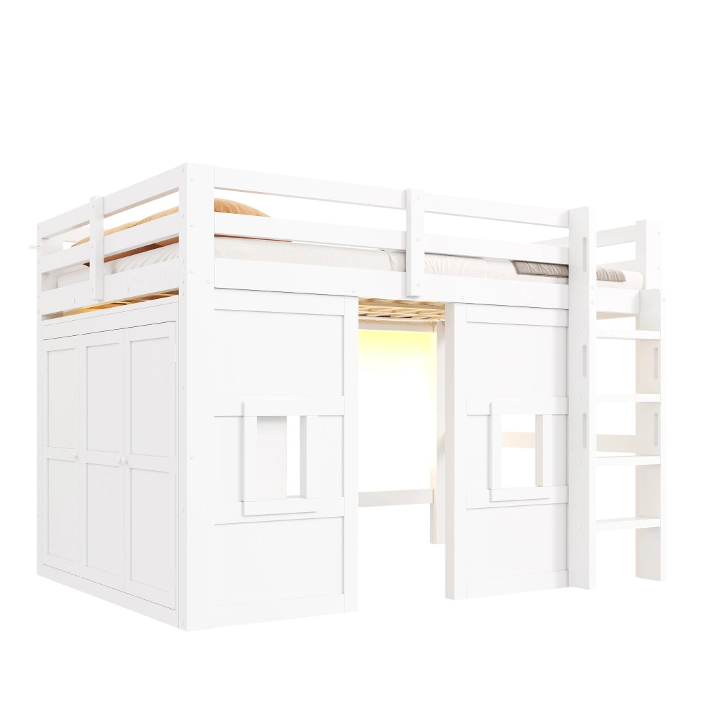 Letto a Soppalco con Armadio Integrato e LED ¨C MINIMAL ¨C Legno Bianco 140x200