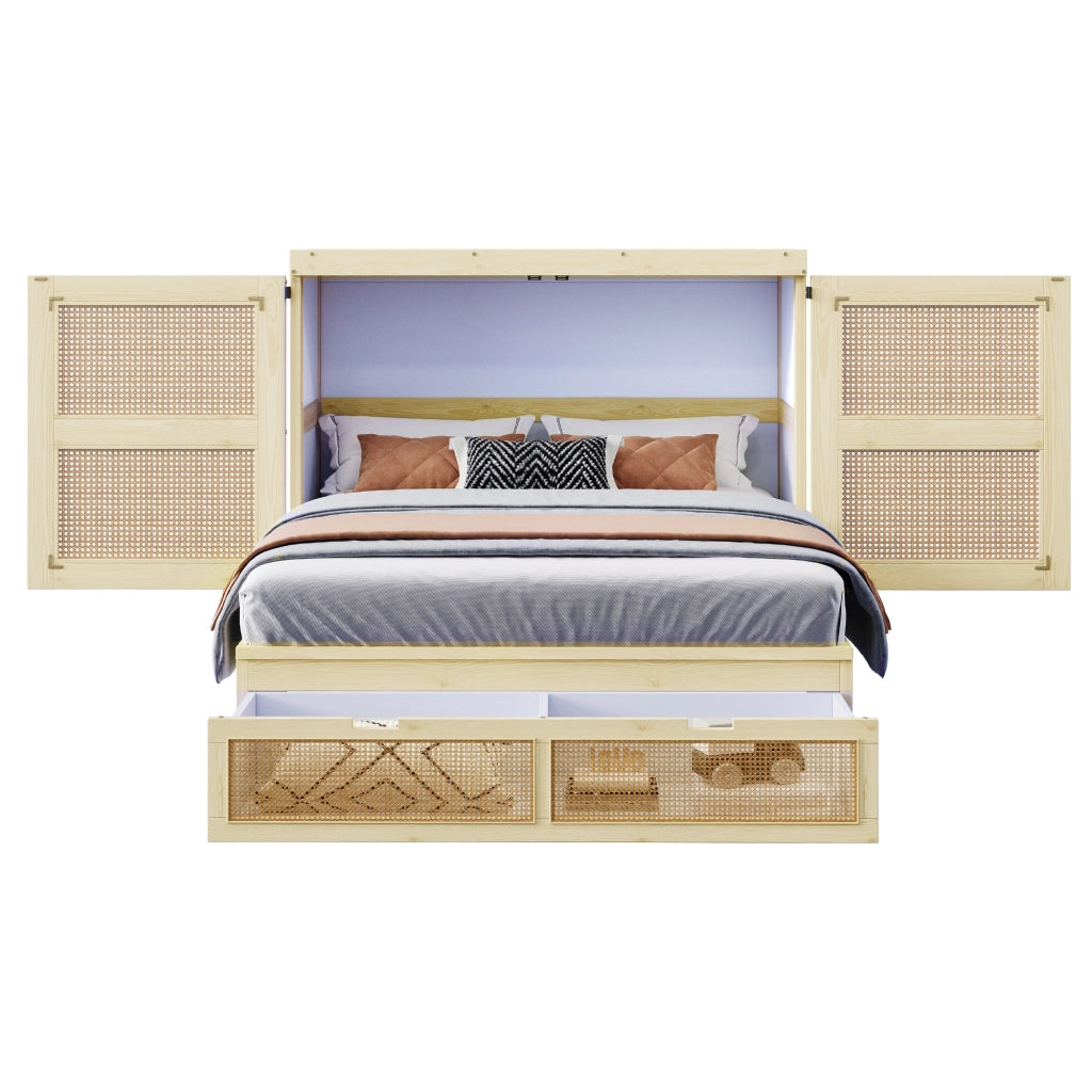 OKWISH Letto a Scomparsa 140×200 cm, Letto Matrimoniale con 2 Cassetti, Ante Stile Rattan e Vano Contenitore, senza Materasso, Legno Naturale