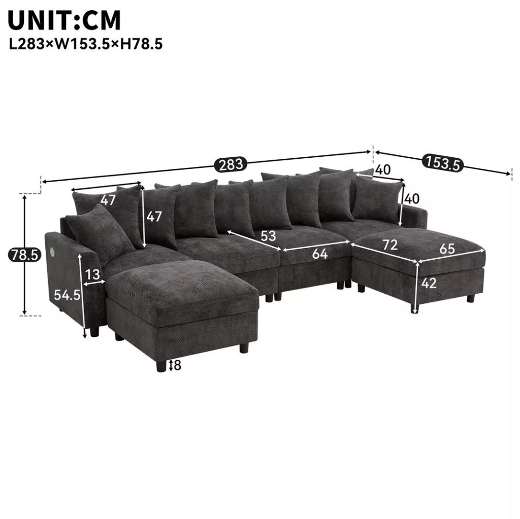 Divano modulare angolare U/L a 6 posti con 2 pouf; USB e Type-C; 283 cm; chenille grigio