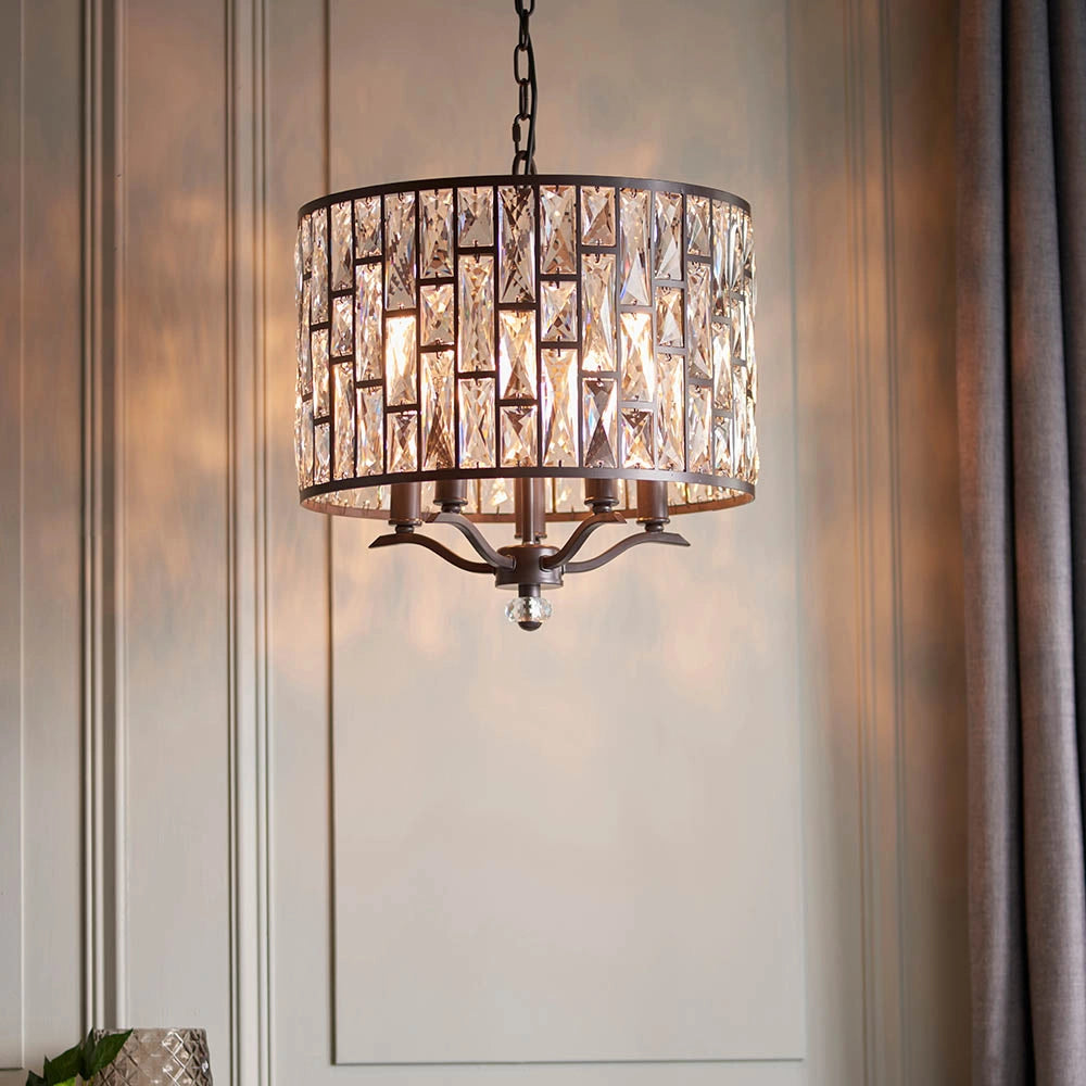 Lampadario Belle tondo cristallo bronzo scuro 5xE14 Endon