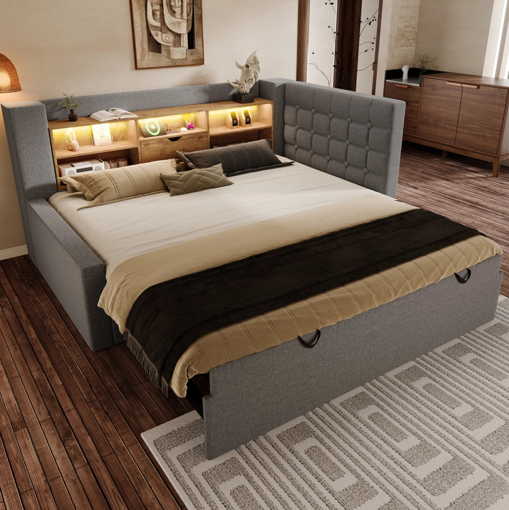 Letto imbottito estraibile 90x200 cm con LED; USB-A e USB-C; grigio