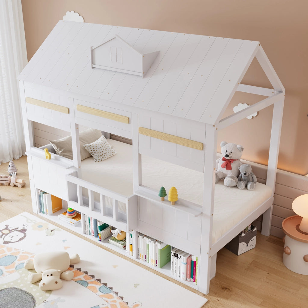 Letto a soppalco per bambini 90 × 200 cm con libreria integrata e struttura stabile, senza materasso, bianco