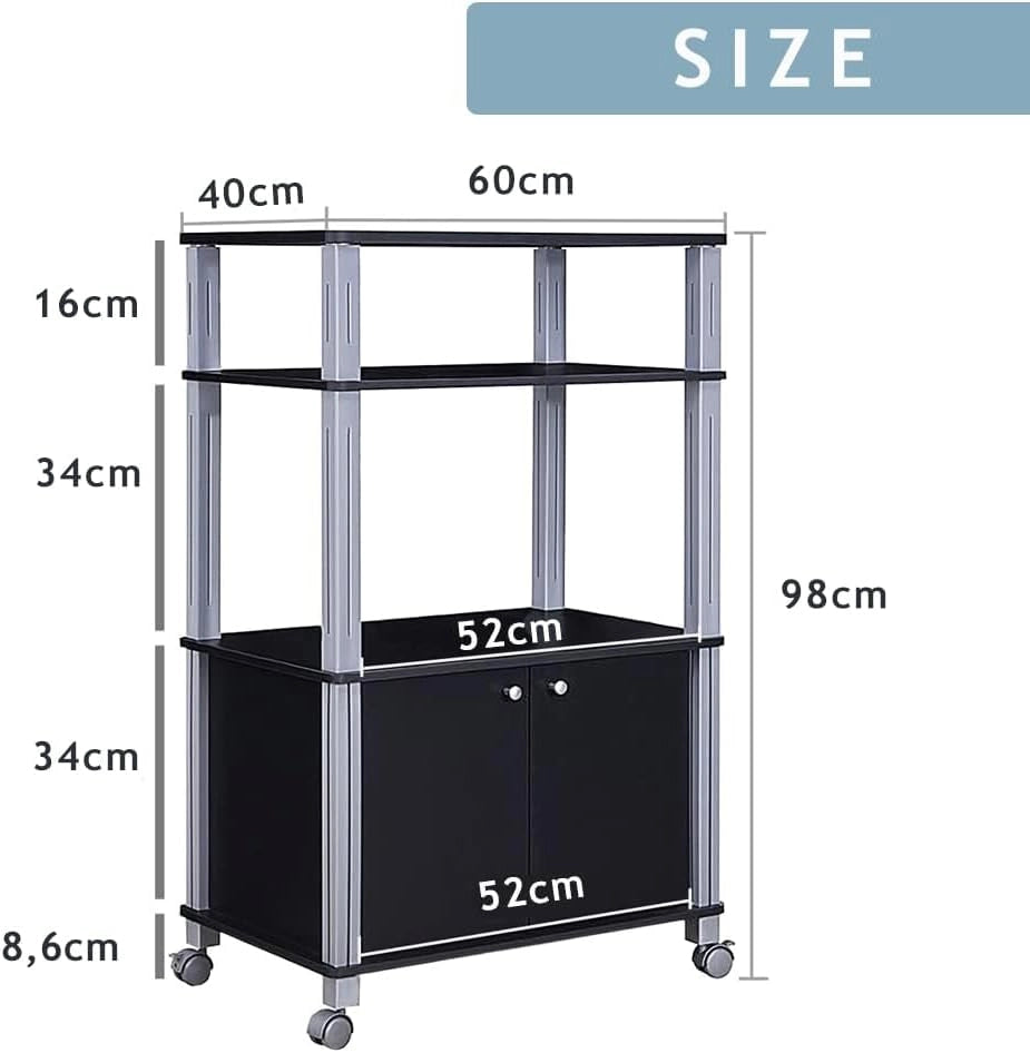 Carrello da Cucina per Forno a Microonde, con 4 Ruote Flessibili, 2 Ante, 3 Piani, Scaffale da Cucina Multifunzionale, 60x40x98 cm, Nero
