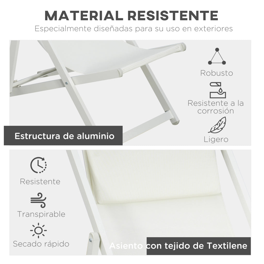 Set 2 Tumbonas Plegables ¨C Zephmum ¨C Aluminio, Respaldo Regulable, Blanco, 60x100x85 cm