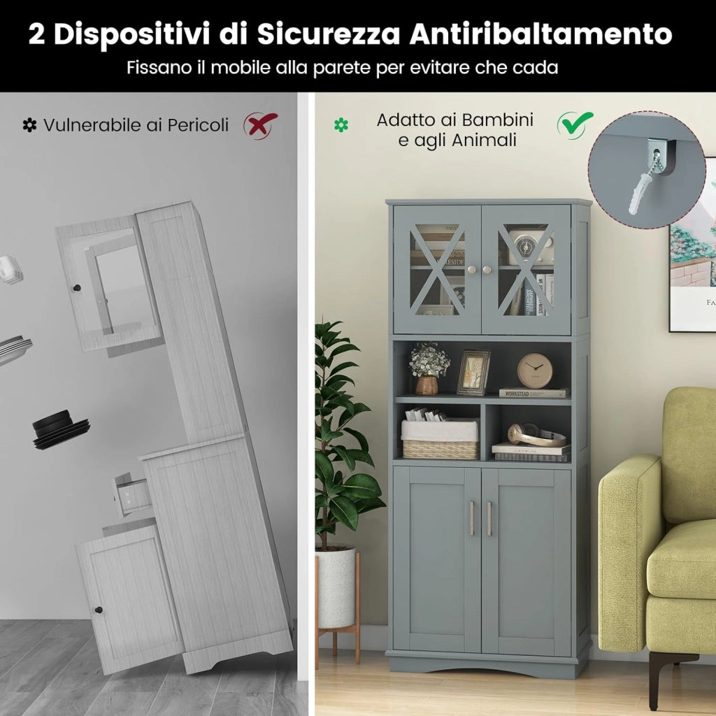 Mobile Bagno, Armadietto Salvaspazio con Porte in Acrilico, Ripiani Regolabili e Ampio Scomparto, Armadio da Terra in Legno per Soggiorno, Camera da Letto, Salotto e Cucina (Grigio)