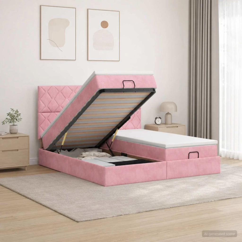 Letto Ottomano con Materasso e LED Rosa 160 x 200 cm Velluto 3458513