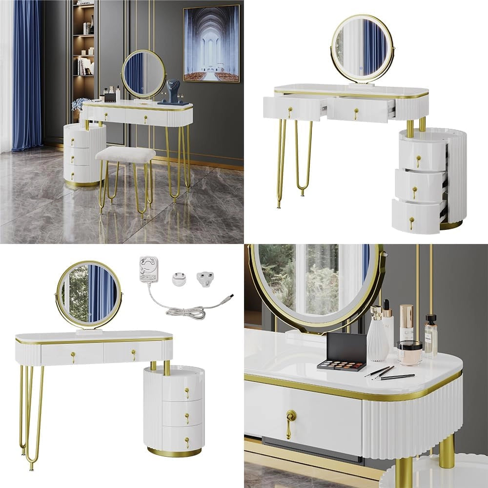 Tavolo da toeletta Charlène, Bianco, 100 cm con specchio a LED, con illuminazione LED e grande specchio per montaggio a parete