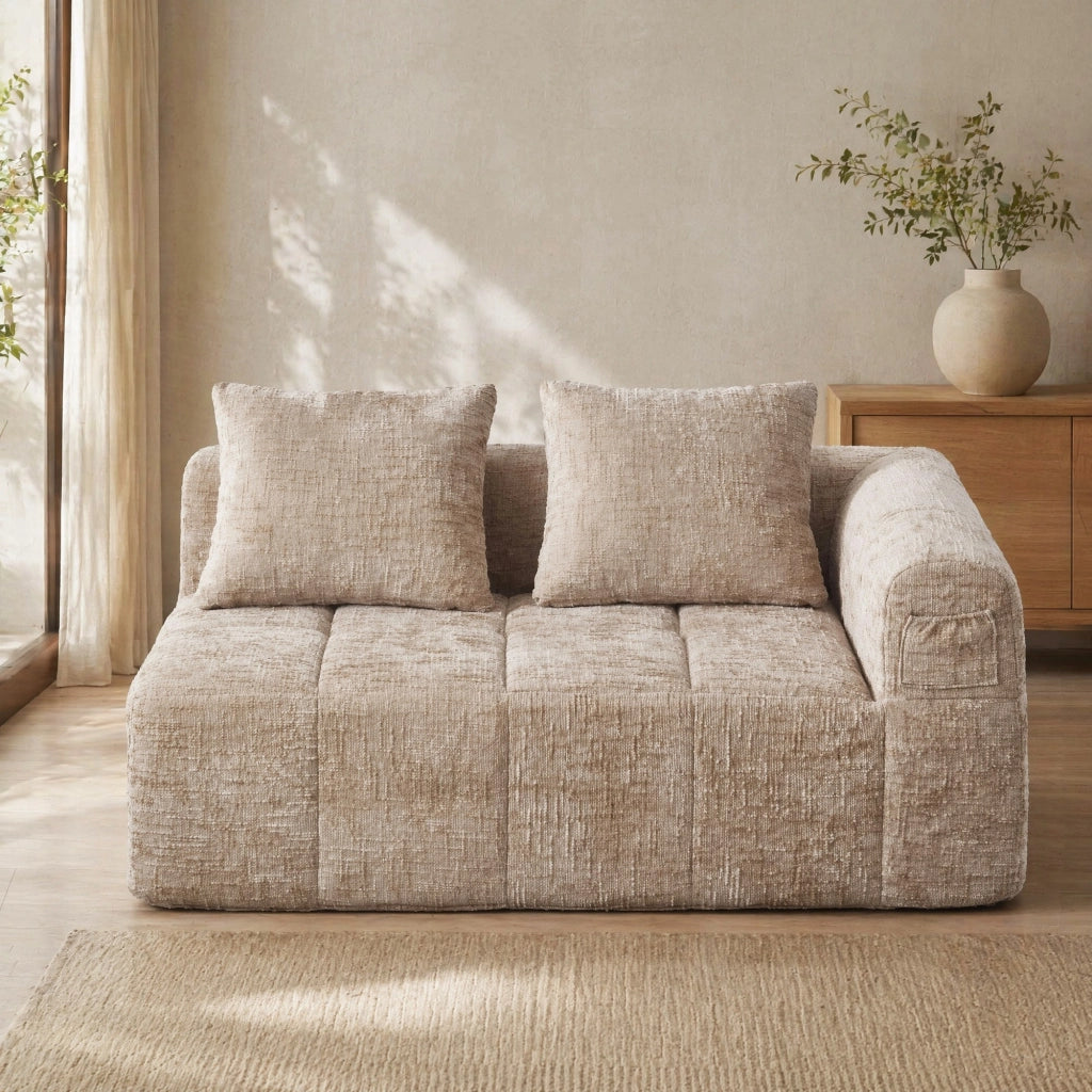 DIVANO Chaise longue 158x90x60 cm in Chenille Khaki con tasche laterali e cuscino