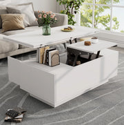 Tavolino da caffè 100x50x43 cm con doppio piano sollevabile; vano nascosto in truciolato bianco