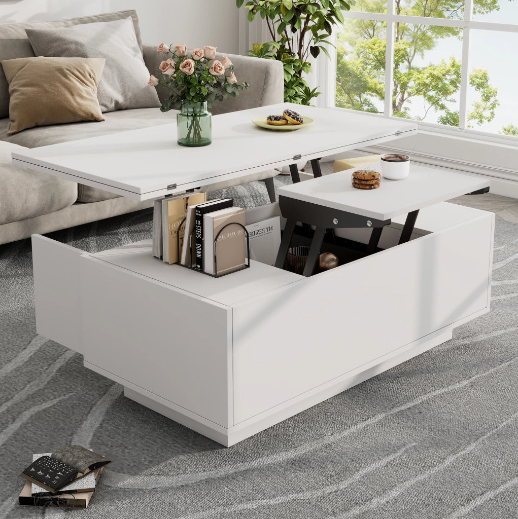 Tavolino da caffè 100x50x43 cm con doppio piano sollevabile; vano nascosto in truciolato bianco