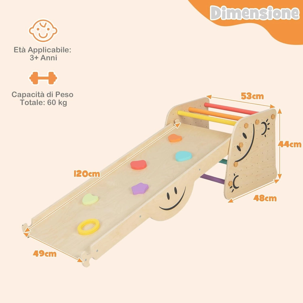 6 in1 Set Arrampicata per Bambini, Giocattoli da Arrampicata in Legno con Rampe Reversibili, Altalena, Sgabello Regolabile in Altezza, Scala da Arrampicata per Bambini 3+ Anni