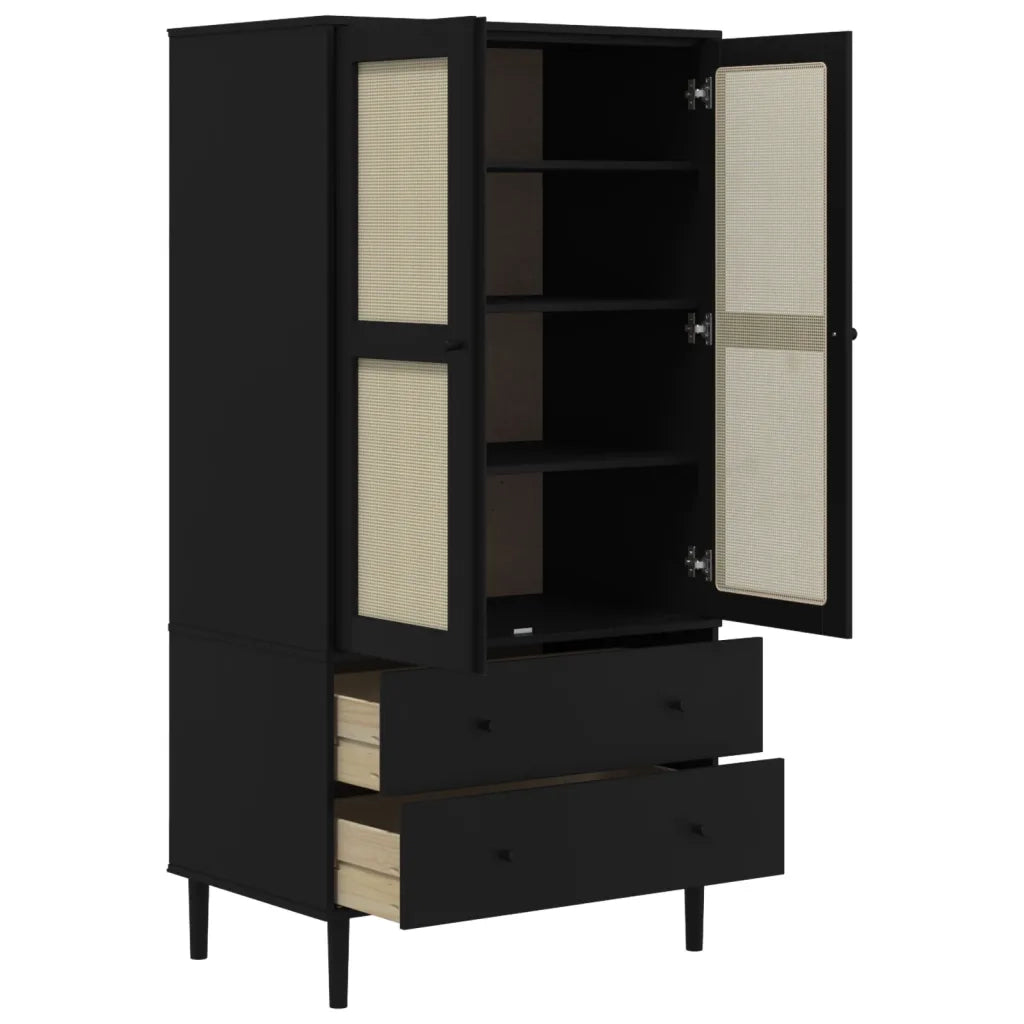 Armadio SENJA Aspetto Rattan Nero 90x55x175 cm Massello Pino 358036