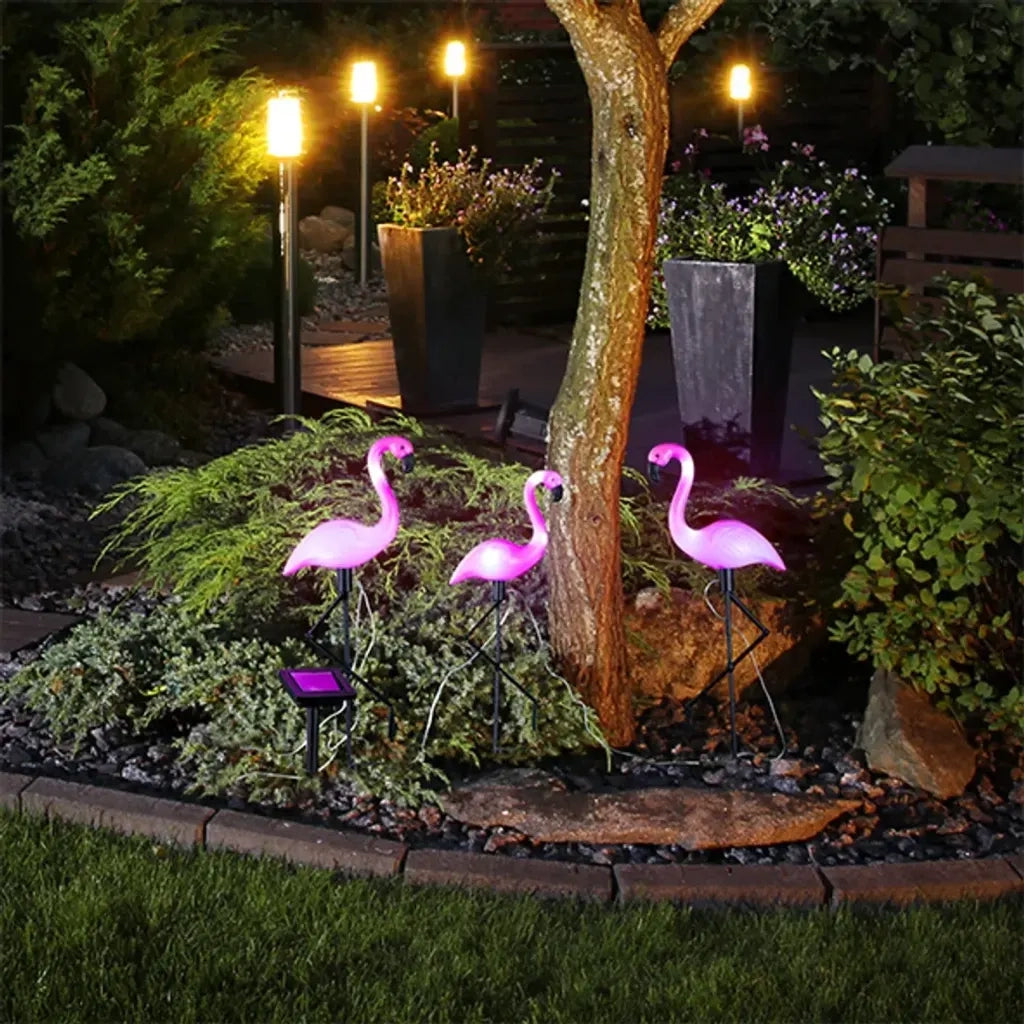 HI Paletto da Giardino Fenicottero 3 pz con Luci LED Solari 423908