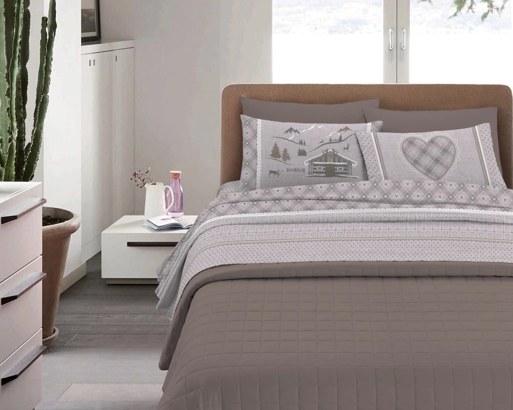 Completo Letto in Flanella Calda e Morbida Anti Pilling - Set Flanellato 3 Misure parure con Federe - Chalet Beige - 1 Piazza