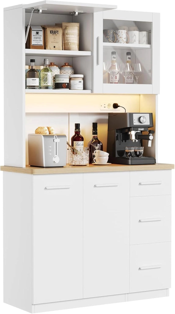 Mobile da cucina, credenza, armadio alto con prese di corrente e strisce LED 3000 K, con piano di lavoro da 24 mm, ripiani regolabili, 3 cassetti, 100 x 40 x 182 cm (Bianco)