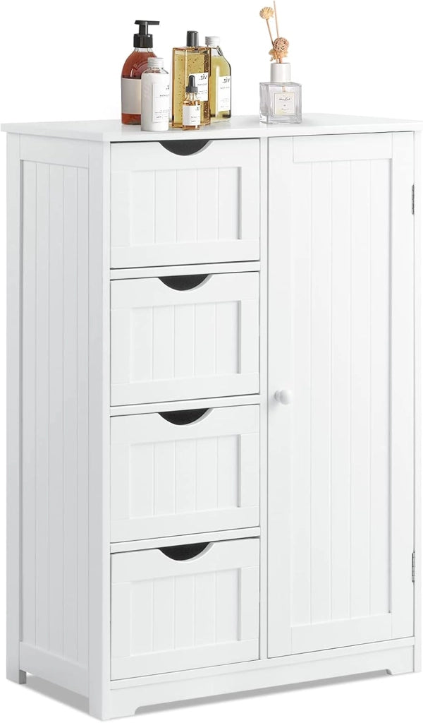 Mobile Bagno 56 x 30,5 x 81 cm, Mobiletto Bagno Salvaspazio con 4 Cassetti e Mensola Regolabile, Armadietto Multiuso per Ingresso, Salone, Camera da Letto e Cucina (Bianco)