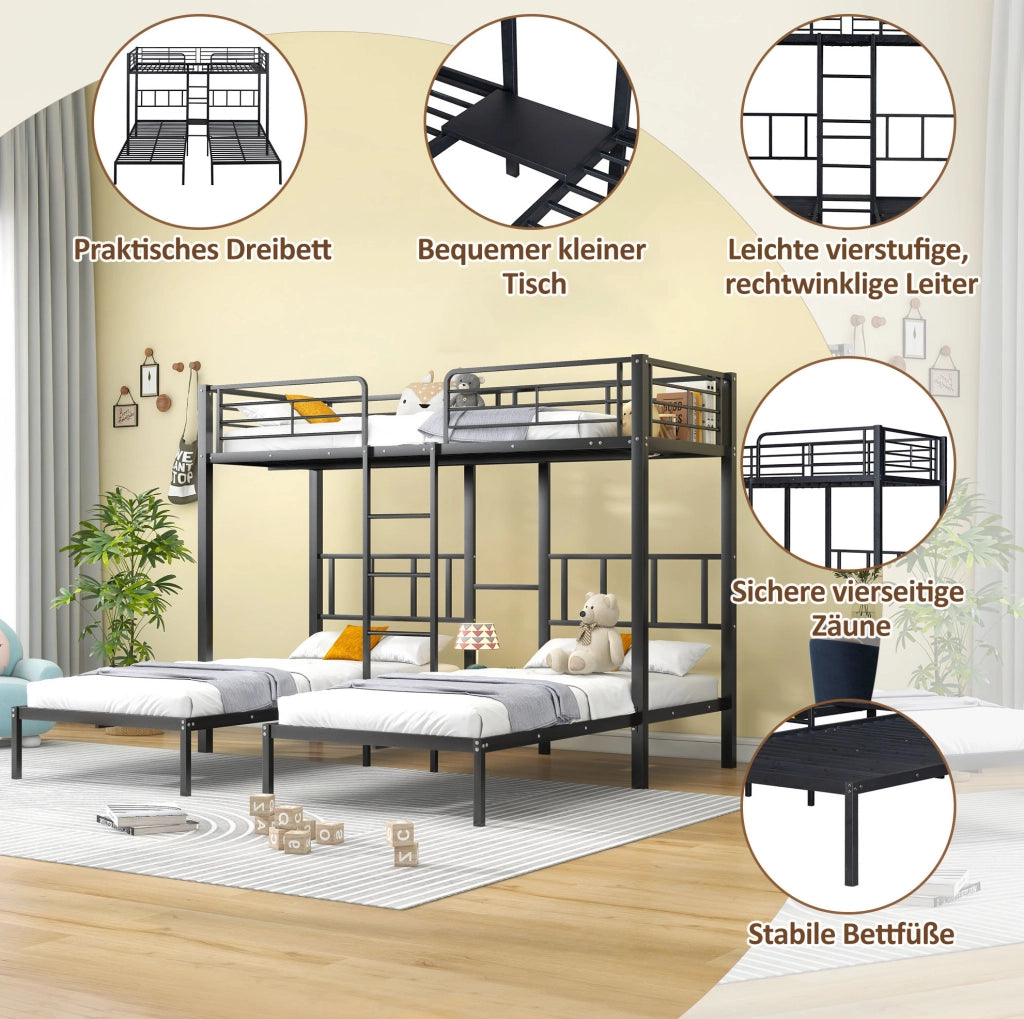 Letto a castello triplo in metallo nero 90x200 cm