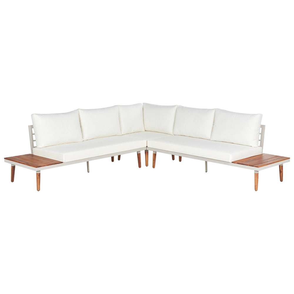 Set da giardino con divano angolare a 5 posti tavolino in legno d'acacia e cuscini bianco sporco esterno stile moderno
