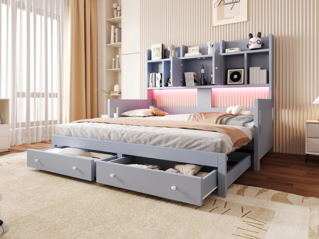 Divano letto estraibile 90 × 190 cm e 180 × 190 cm con cassetti, vani portaoggetti, presa e luci LED, senza materasso, grigio