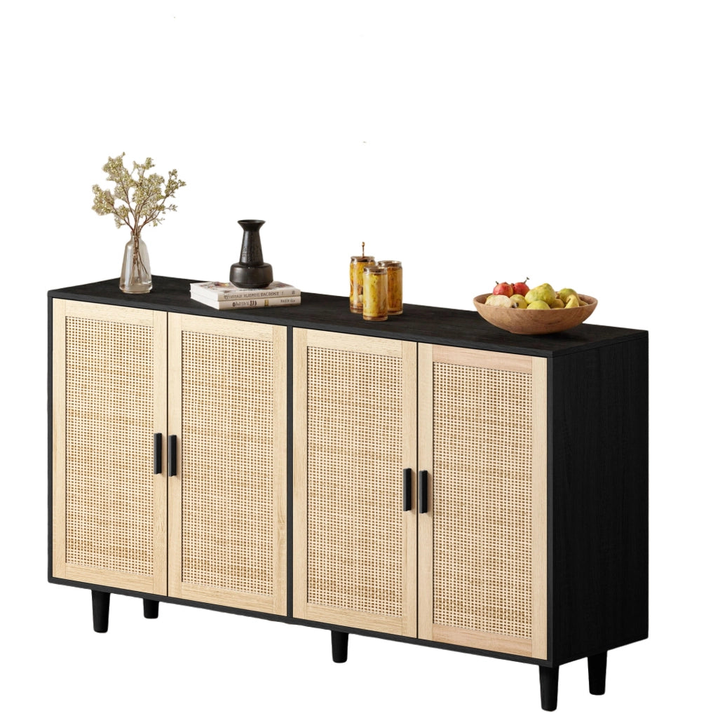 Credenza con 4 ante in rattan 158 x 40 x 88 cm nera
