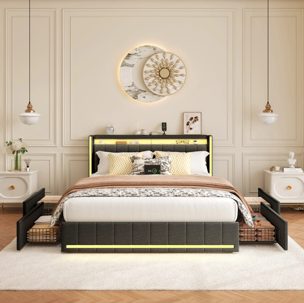 Letto matrimoniale 160x200 cm grigio scuro con LED; 4 cassetti e porte USB