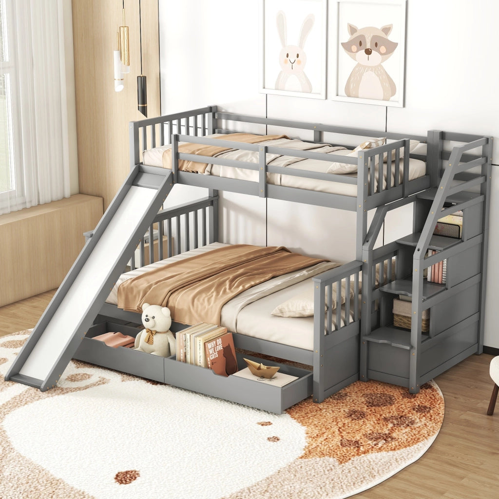 OKWISH Letto a Castello 90×200 cm e 140×200 cm, Letto 3 Posti con Contenitore, Cassetti e Scivolo, senza Materasso, Grigio