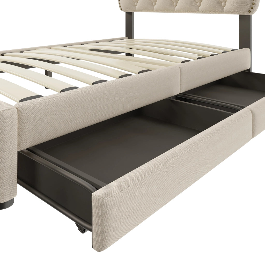 LETTO Imbottito 90x200 cm Dunkelbeige con 2 cassetti