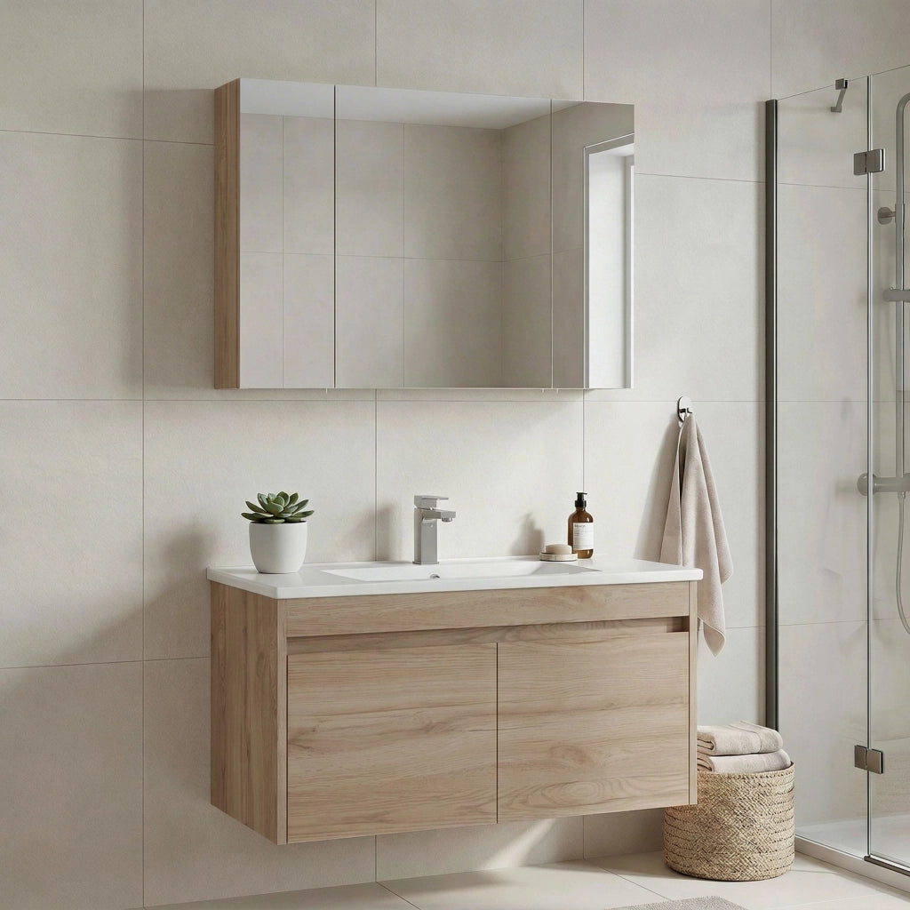Set mobile lavabo con specchio (2 pezzi) "Side 100 v3" - 100 x 45 x 52 cm - Rovere