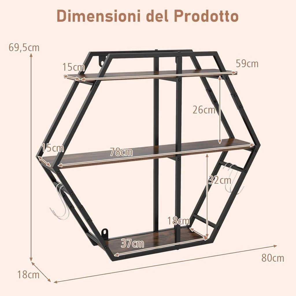 Mensola da Muro, Mensole Esagonali Industriali a 3 Livelli con Ganci e Struttura in Metallo, Mensole Galleggianti per Camera da Letto, Soggiorno e Cucina, 80x18x69,5 cm (Stile 1)
