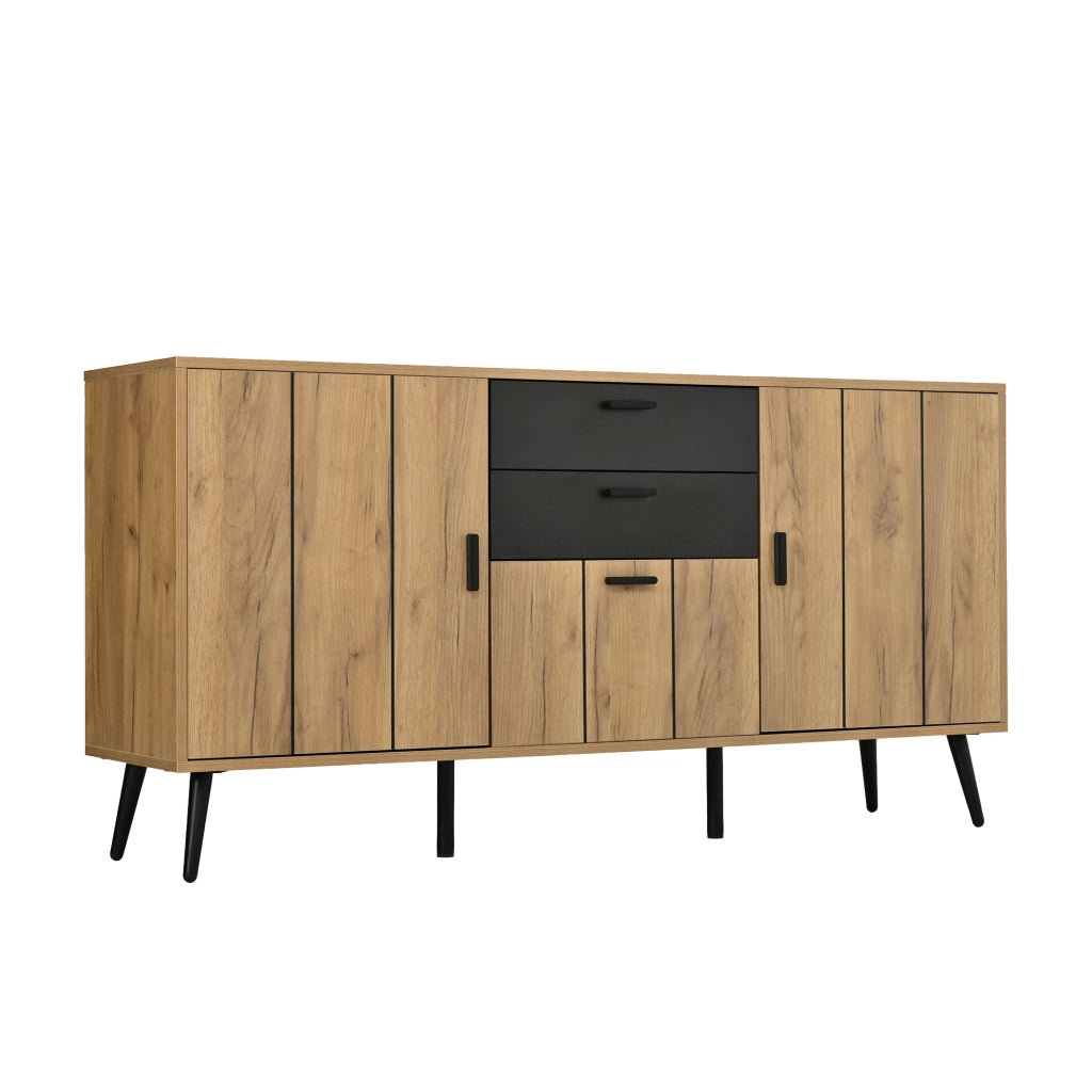 Sideboard moderno 140¡Á35¡Á67 cm con 2 cassetti, 3 ante e 7 vani portaoggetti, MDF, Nero/effetto legno