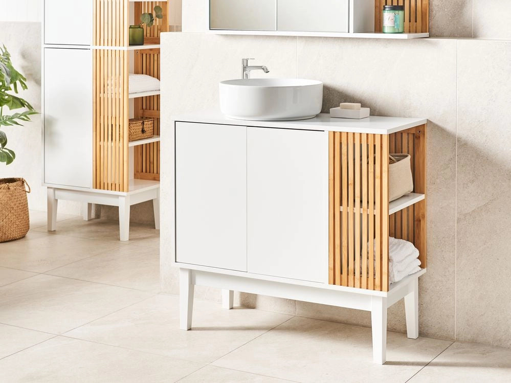 Mobile lavabo Bamboo MDF con gambe in legno di pino scaffali e spazio di archiviazione, arredamento per bagno bianco e legno chiaro