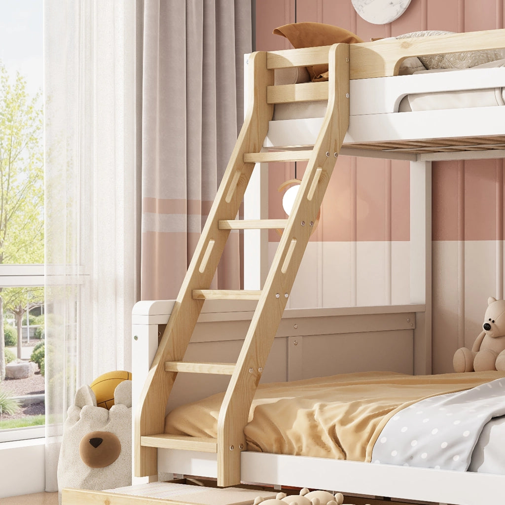 Letto a Castello 90x200 cm e 140x200 cm con Scaletta; 3 Cassetti; Bianco e Naturale