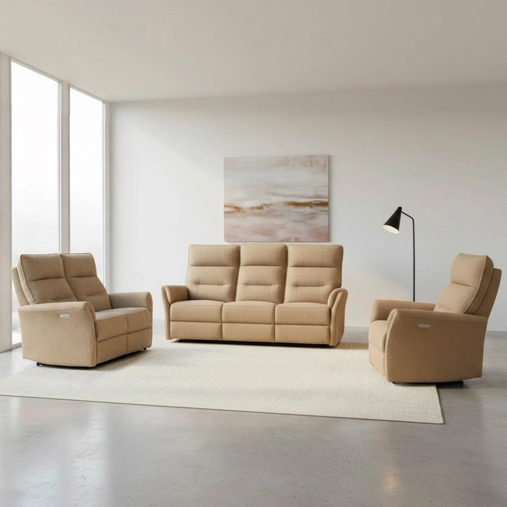 Set Relax Softwave – Divano 2 Posti + Divano 3 Posti + Poltrona Recliner Elettrica in Tessuto Camel