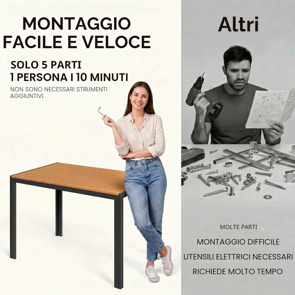 Tavolo da Giardino Moderno in WPC 110 x 70 cm, Tavolo da Pranzo per Esterno per 4-6 Persone, Tavolo da Balcone Salvaspazio in Alluminio, Design Effetto Legno,Marrone Teak