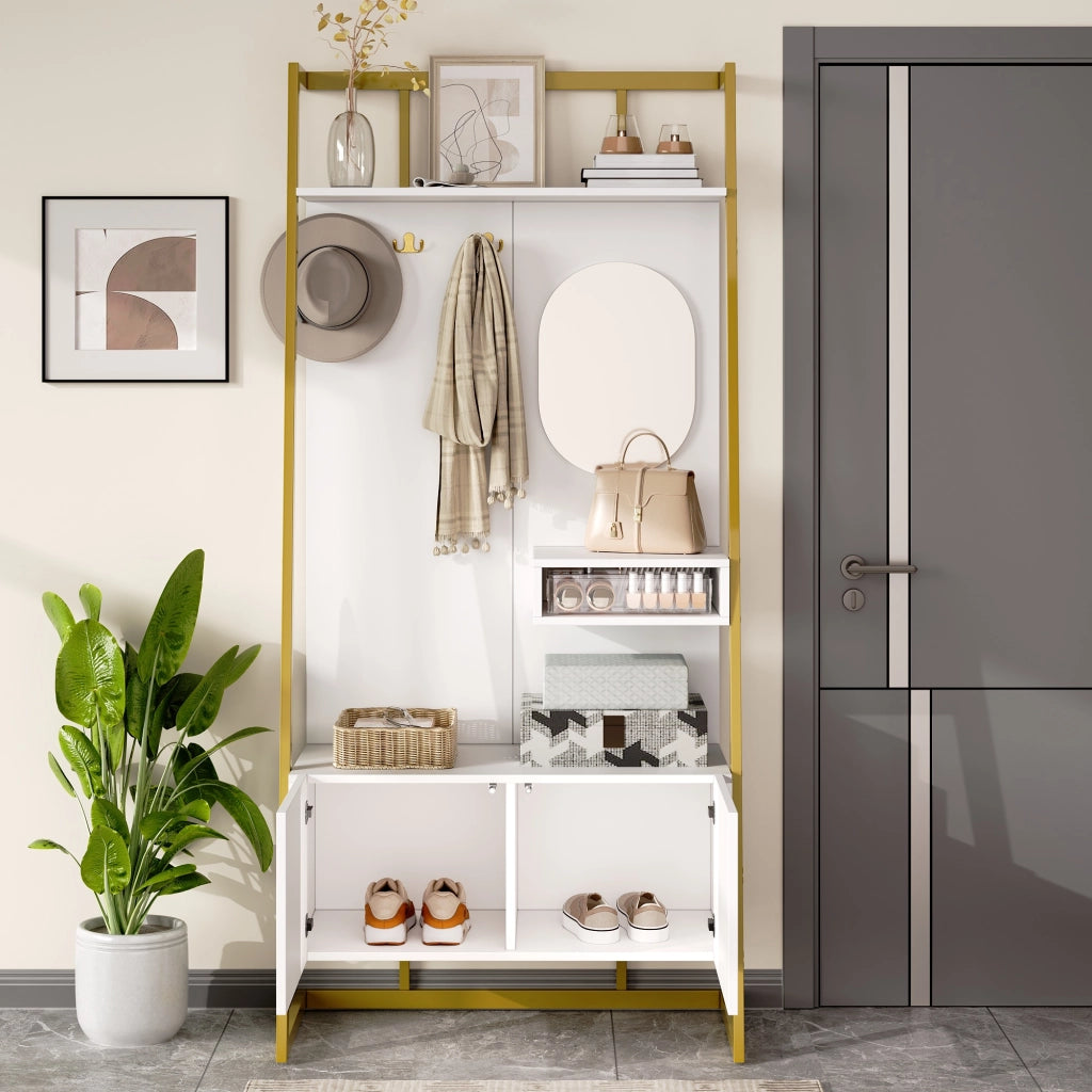 Mobile d'Ingresso con Specchio; 2 Ante; Ripiano Aperto e Ganci in Metallo; Stile Moderno; in MDF; 78??38;5??180;5 cm; Bianco