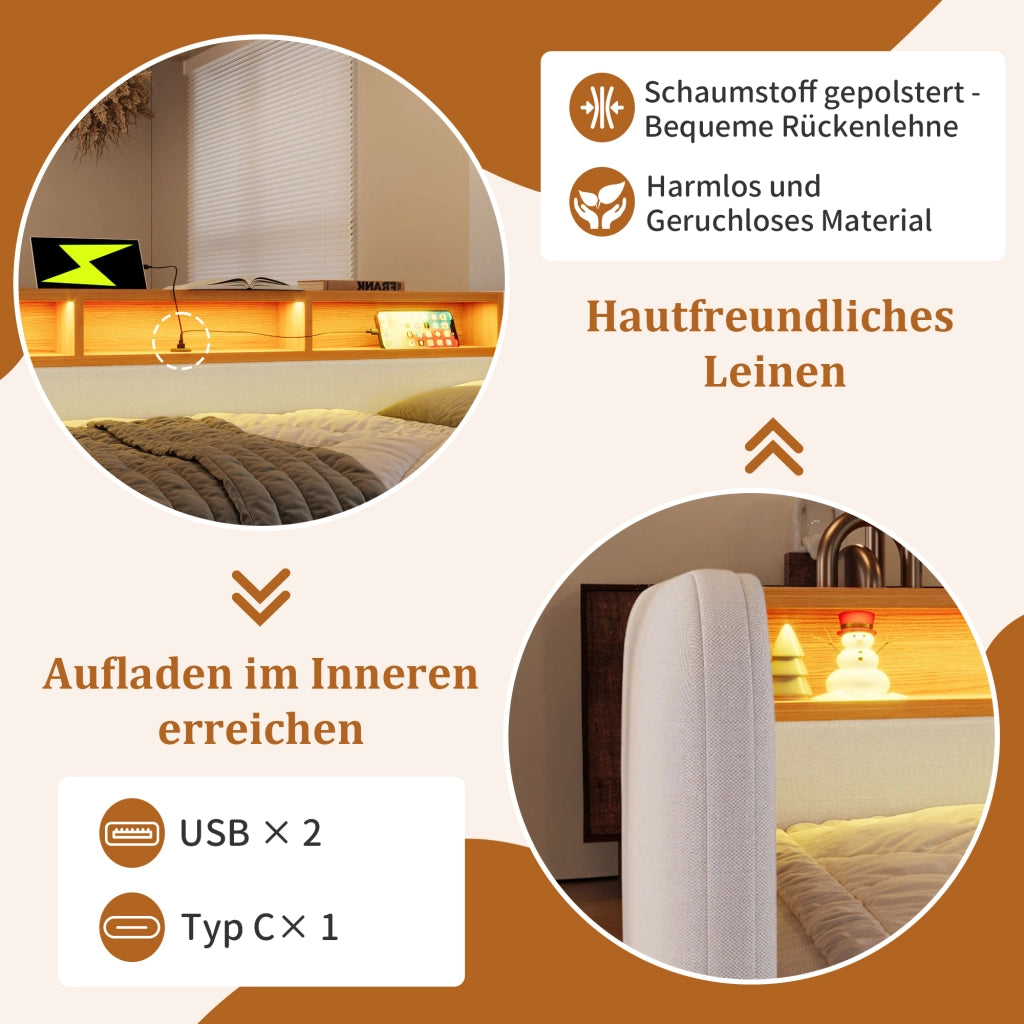 DESMIU Divano letto 140 × 190 cm 2 posti con LED, USB e Type-C, 2 cassetti, senza materasso, in lino, beige