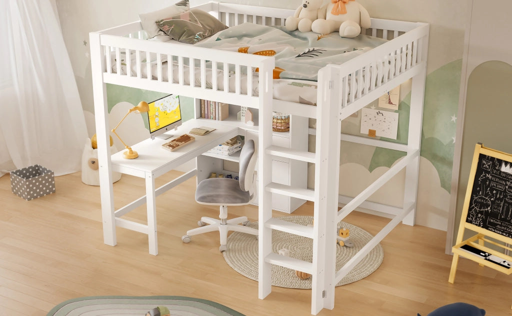 DESMIU Letto a soppalco 2 posti con scrivania, 3 cassetti e ripiani 140 × 200 cm senza materasso pino bianco