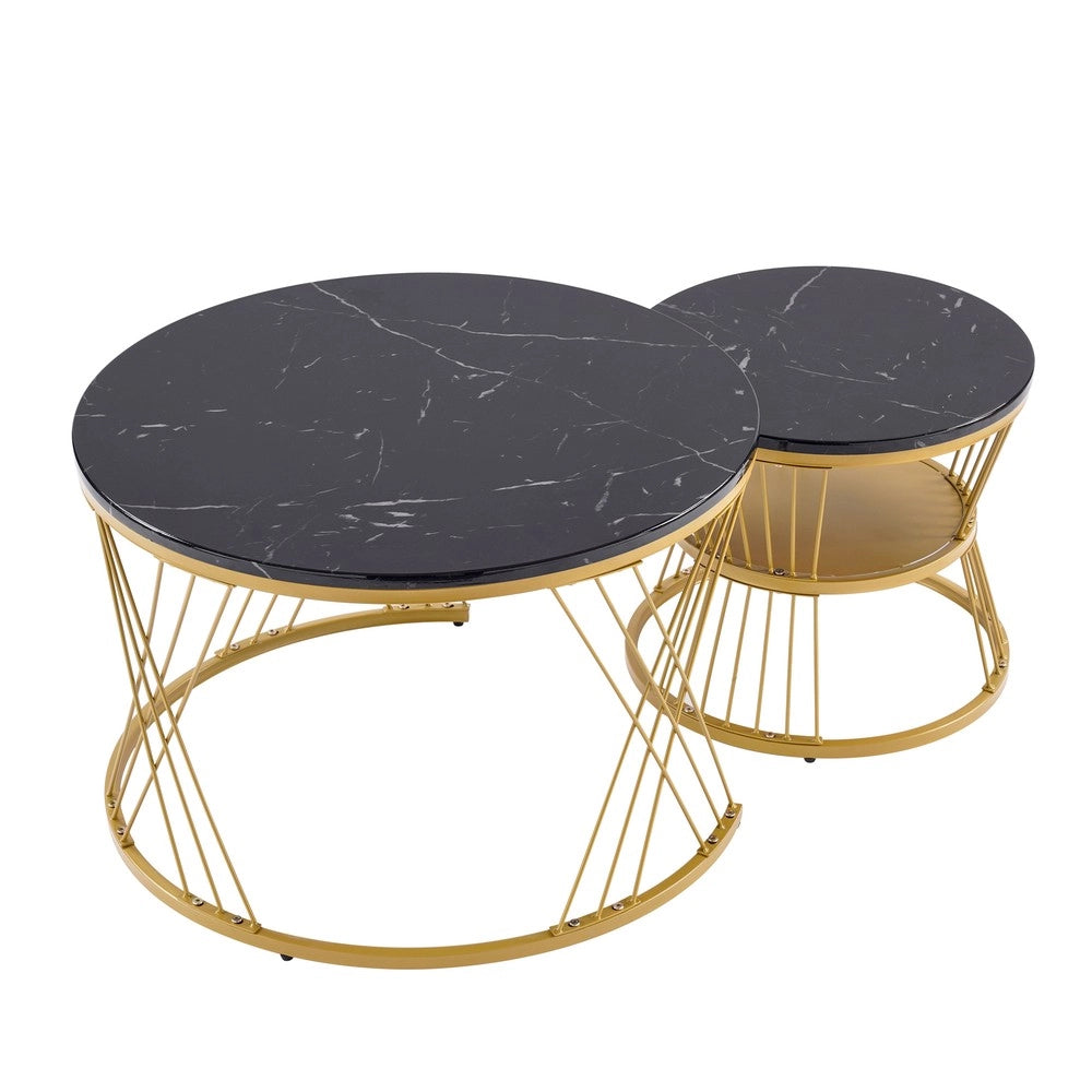 Tavolini da Caff¨¨ Nidificanti Rotondi ¨C MINIMAL ¨C Set 2, Piano Marmo, Struttura Dorata, Lucido