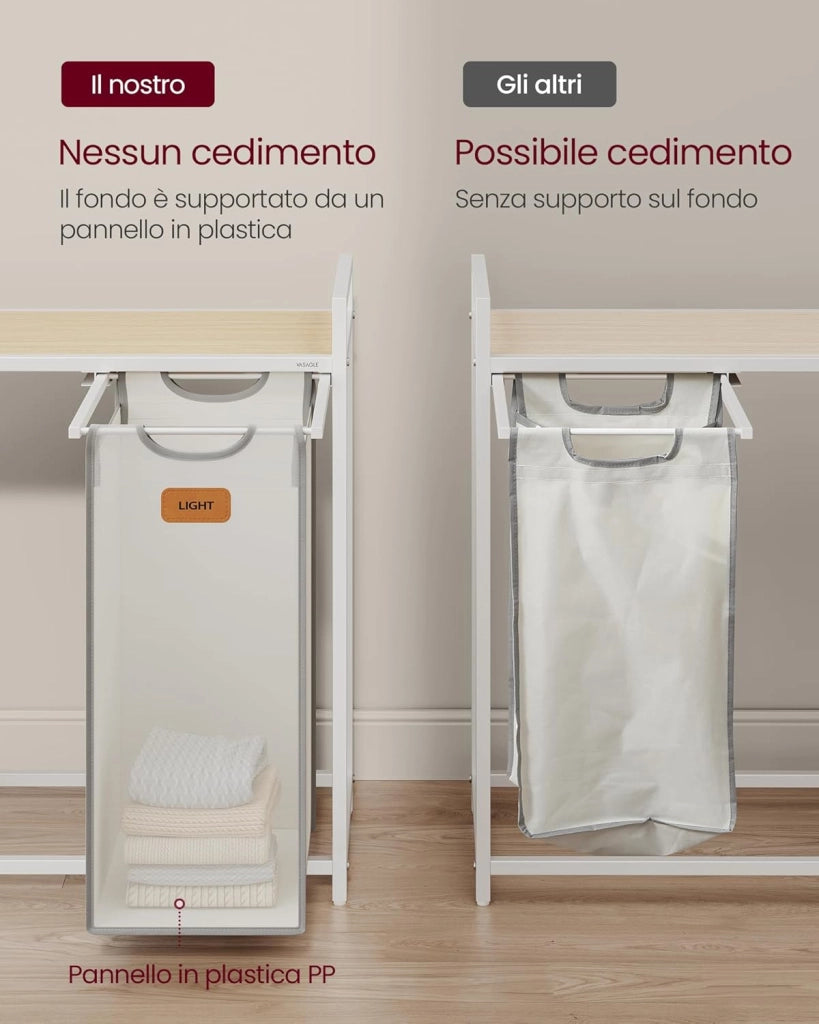 VASAGLE Cesto Portabiancheria a 2 Scomparti, Porta Biancheria 100 L, Carrello per Biancheria, con Ripiani, Sacchi Rimovibili, 6 Etichette, Beige Naturale, Grigio Tortora e Bianco Crema BLH311G01