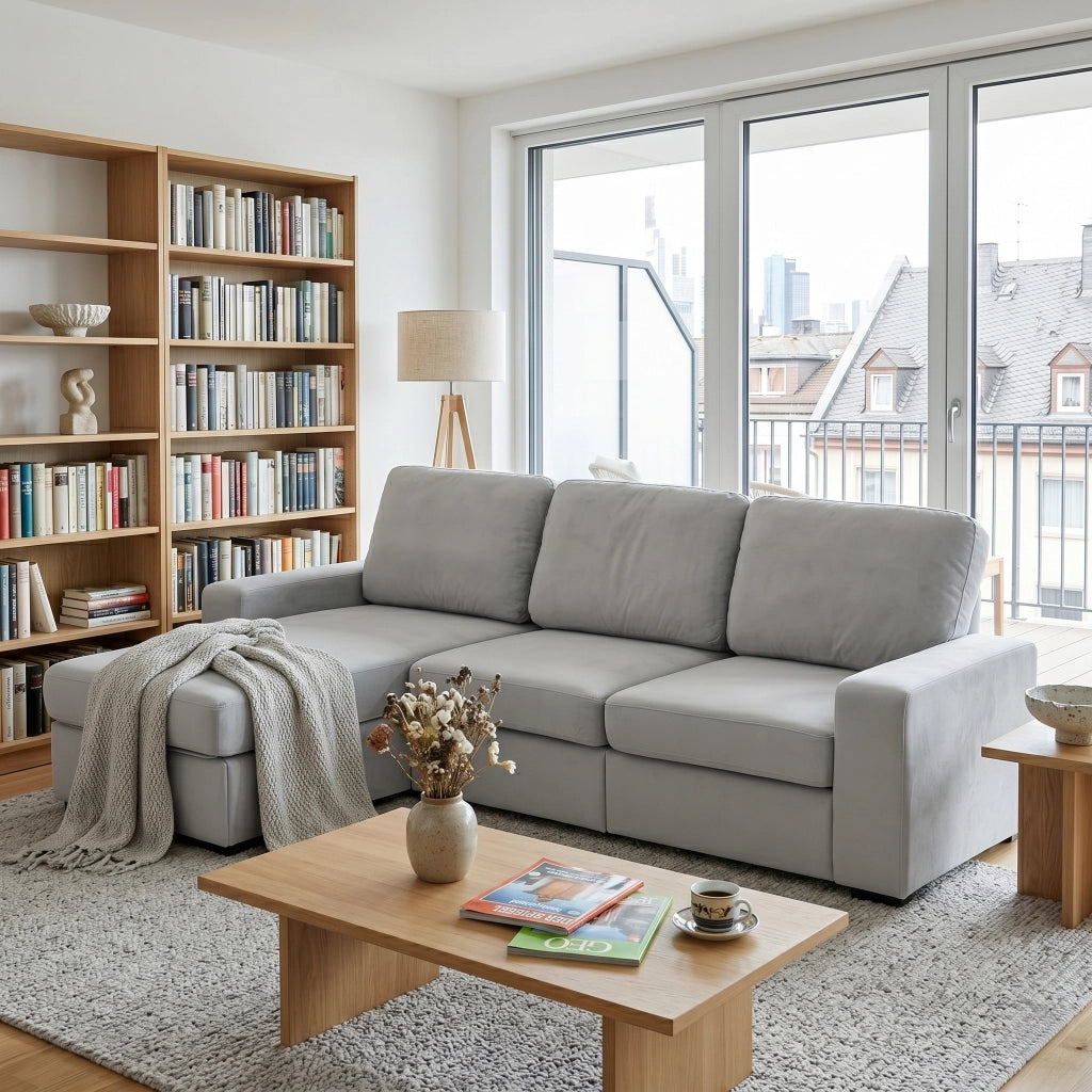 Divano angolare con 4 vani contenitori e chaise longue reversibile in poliestere grigio chiaro 245,5 cm