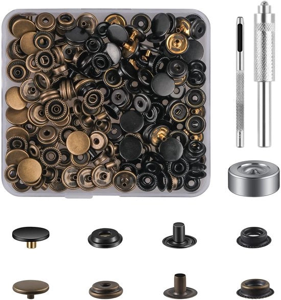 Set di viti a pressione da 50 - Viti a pressione bronzo/nero - Viti a pressione metalliche - Attrezzatura - Scatola di conservazione - Viti a pressione a resistenza all'usura in rame - Viti a pressione