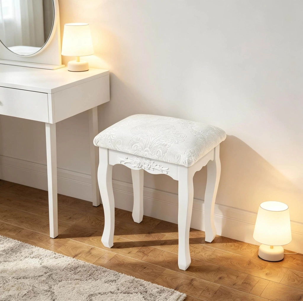 Sgabello da toeletta 37x50x30 cm imbottito in MDF e plastica bianco crema