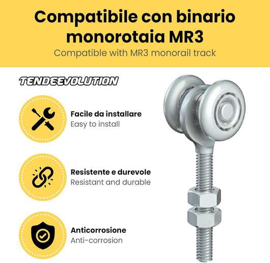 Carrello Regolabile a 2 Cuscinetti M8 in Acciaio Zincato per Binario Monorotaia MR3 - Ruote Ø24mm - Corona di Sfere Completa - Robusto & Affidabile