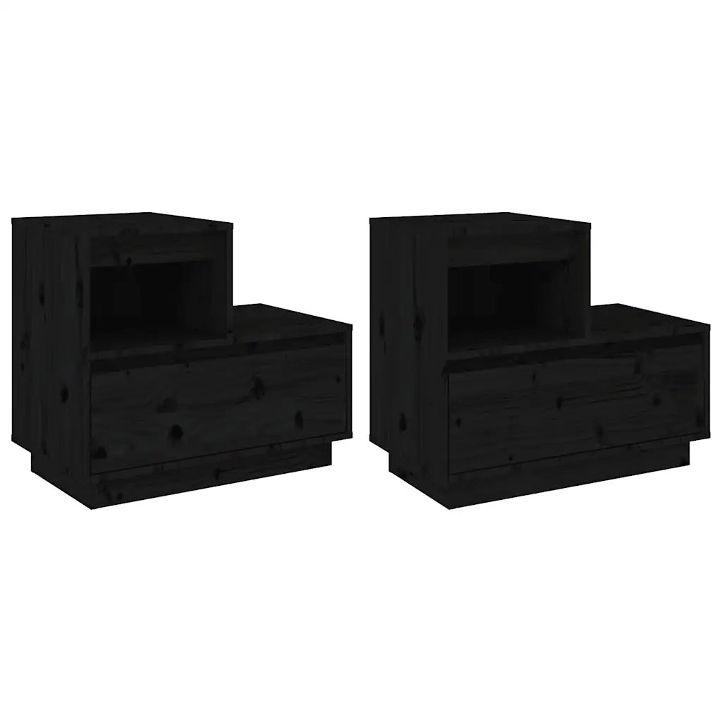Set di 2 Comodini | Armadio da Notte | Mobiletto da notte Neri 60x34x51 cm in Legno Massello di Pino