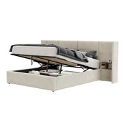 Letti contenitori 160x200 cm; contenitore idraulico con prese USB; velluto beige (Senza materasso)