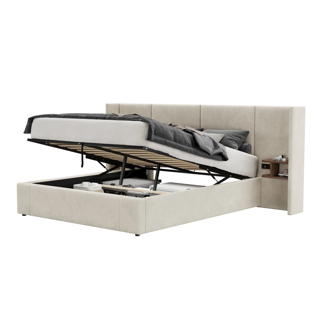 Letti contenitori 160x200 cm; contenitore idraulico con prese USB; velluto beige (Senza materasso)