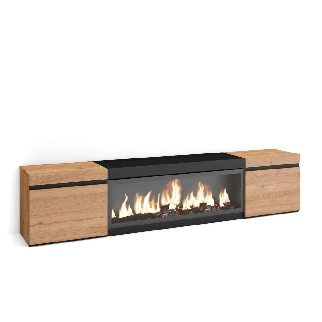 Mobile TV Soggiorno, 208x35x45cm, Per TV fino a 80", Camino elettrico XXL, colore Rovere e nero RF3265